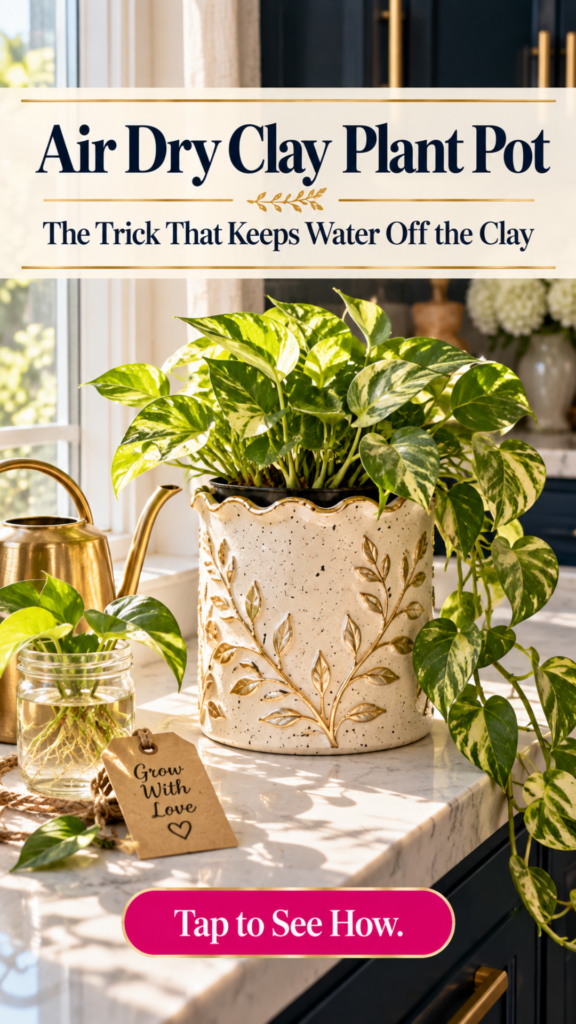 A speckled cream air dry clay plant pot cover with embossed leaves and a gold scalloped rim, holding a trailing golden pothos in a hidden nursery pot, on a sunny quartz windowsill beside a brass watering can and a pothos cutting in a jar of water. The text reads "Air Dry Clay Plant Pot, The Trick That Keeps Water Off the Clay" and "Tap to See How."
