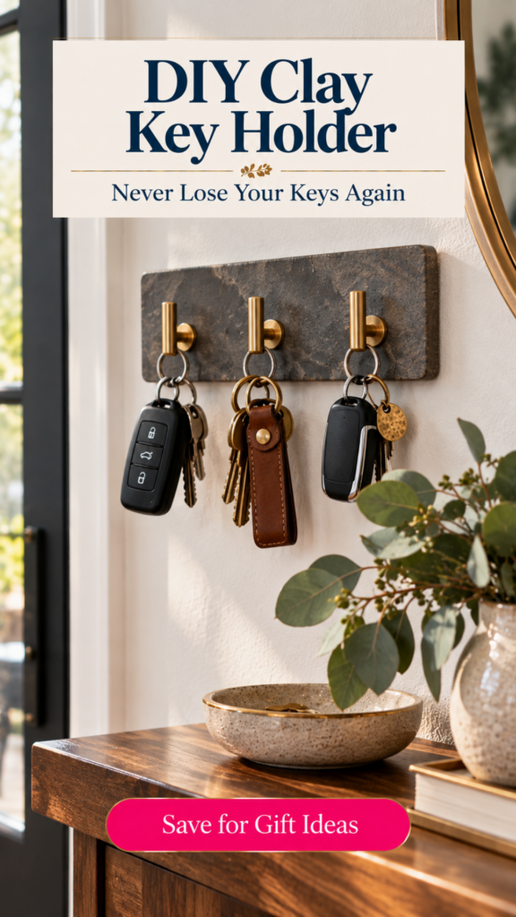 A DIY air dry clay key holder with a dark stone-look finish and three brass hooks holding car keys, mounted on an entryway wall above a wood console with a speckled bowl and eucalyptus. The text reads "DIY Clay Key Holder, Never Lose Your Keys Again" and "Save for Gift Ideas."