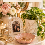 A vanity tray with handmade air dry clay gifts for mom, including a blush scalloped trinket dish with a gold rim holding gold rings, an arched leaf-embossed clay photo frame with a family photo, and a leaf-embossed planter with a pothos, beside pink peonies, perfume bottles, and a pearl necklace. The text reads "Air Dry Clay Gifts She'll Actually Use" and "Tap for All 25 Ideas."