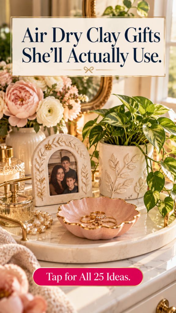 A vanity tray with handmade air dry clay gifts for mom, including a blush scalloped trinket dish with a gold rim holding gold rings, an arched leaf-embossed clay photo frame with a family photo, and a leaf-embossed planter with a pothos, beside pink peonies, perfume bottles, and a pearl necklace. The text reads "Air Dry Clay Gifts She'll Actually Use" and "Tap for All 25 Ideas."