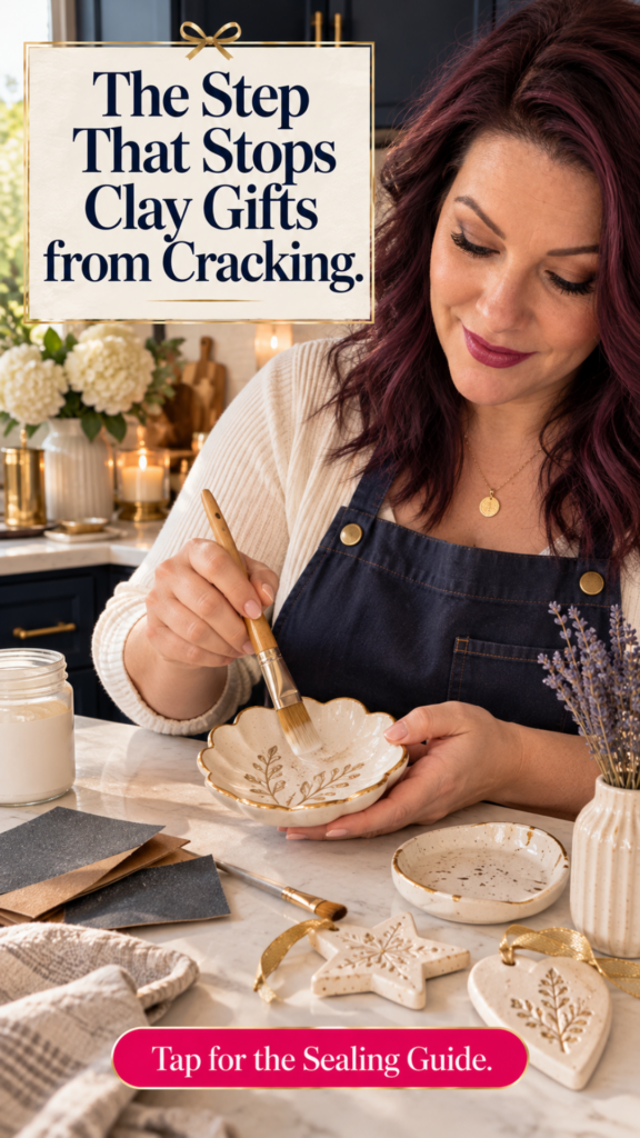 A woman with dark red hair in a cream sweater and navy apron brushing sealer onto a scalloped air dry clay trinket dish at a marble kitchen counter, with a jar of sealer, lavender, white hydrangeas, and candles nearby. The text reads "The Step That Stops Clay Gifts from Cracking."