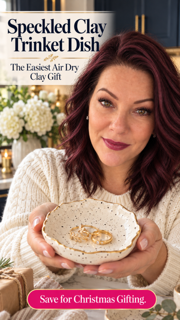 Woman holding a handmade speckled air dry clay trinket dish with a gold-painted rim and gold rings inside. Text overlay reads “Speckled Clay Trinket Dish – The Easiest Air Dry Clay Gift” with a “Save for Christmas Gifting” CTA.