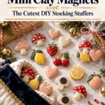 A flat lay of cute mini air dry clay magnets shaped like mushrooms, hearts, strawberries, cherries, and a lemon slice on white marble, spilling from a cream knit Christmas stocking, with magnets on a refrigerator holding a grocery list, gift bags, evergreen, and gold bells. The text reads "Mini Clay Magnets, The Cutest DIY Stocking Stuffers" and "Tap to Make Them."