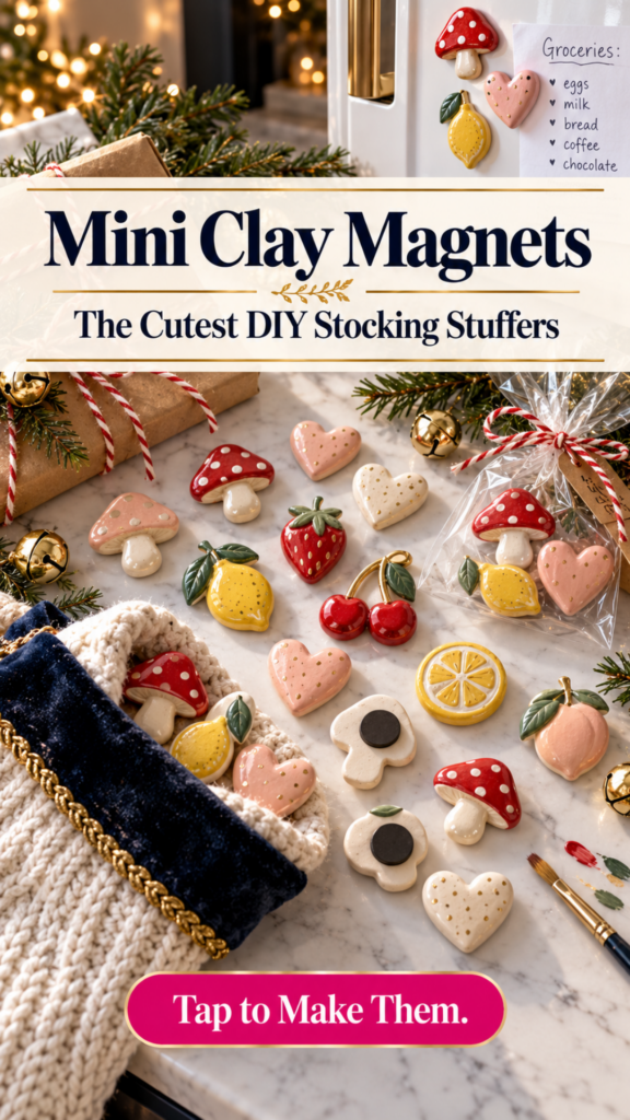 A flat lay of cute mini air dry clay magnets shaped like mushrooms, hearts, strawberries, cherries, and a lemon slice on white marble, spilling from a cream knit Christmas stocking, with magnets on a refrigerator holding a grocery list, gift bags, evergreen, and gold bells. The text reads "Mini Clay Magnets, The Cutest DIY Stocking Stuffers" and "Tap to Make Them."