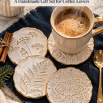 Four round cream air dry clay coasters with gold rims, stamped with wildflower, fern, leaf, and lace patterns, on a navy linen napkin with a steaming latte, cinnamon sticks, a gold spoon, and evergreen sprigs. The text reads "Stamped Air Dry Clay Coasters, A Handmade Gift Set for Coffee Lovers" and "Save for Holiday Gifting."