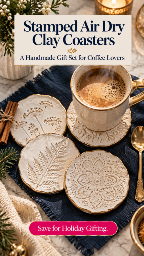 Four round cream air dry clay coasters with gold rims, stamped with wildflower, fern, leaf, and lace patterns, on a navy linen napkin with a steaming latte, cinnamon sticks, a gold spoon, and evergreen sprigs. The text reads "Stamped Air Dry Clay Coasters, A Handmade Gift Set for Coffee Lovers" and "Save for Holiday Gifting."