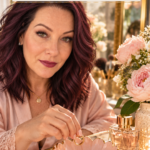 A smiling woman with dark red hair in a blush robe placing a gold ring into a scalloped blush air dry clay jewelry dish with a gold rim, on a marble vanity with peonies, perfume, and a gold tray. The text reads "Scalloped Clay Jewelry Dish, The Gift That Looks Boutique-Bought" and "Tap for 25 Clay Gifts."