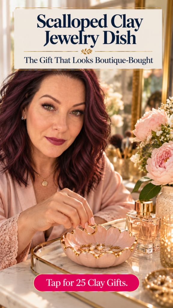 A smiling woman with dark red hair in a blush robe placing a gold ring into a scalloped blush air dry clay jewelry dish with a gold rim, on a marble vanity with peonies, perfume, and a gold tray. The text reads "Scalloped Clay Jewelry Dish, The Gift That Looks Boutique-Bought" and "Tap for 25 Clay Gifts."