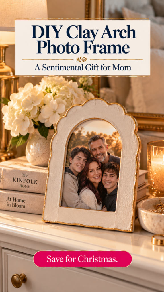 A cream scalloped arch air dry clay photo frame with a gold edge, holding a family photo of a woman, a man, and two young men, on a white dresser with hydrangeas, books, and a candle. The text reads "DIY Clay Arch Photo Frame, A Sentimental Gift for Mom" and "Save for Christmas."