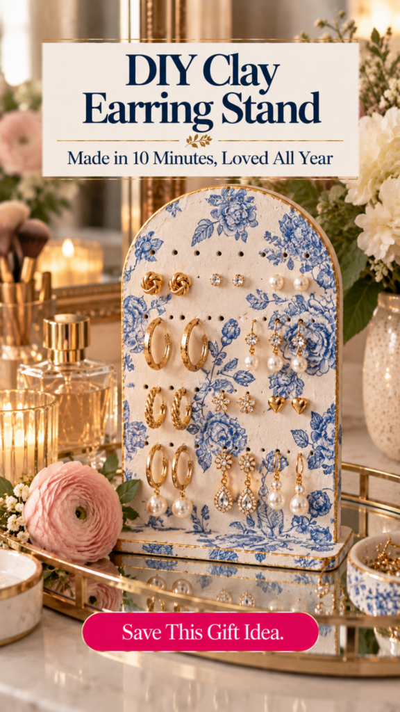 An arched air dry clay earring stand covered in a blue and white floral pattern with a gold edge, holding rows of gold hoops, studs, and pearl drop earrings on a mirrored vanity tray with a pink ranunculus and perfume. The text reads "DIY Clay Earring Stand, Made in 10 Minutes, Loved All Year" and "Save This Gift Idea."