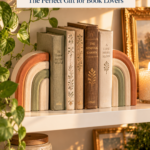 A pair of air dry clay rainbow bookends in terracotta, cream, and sage holding a row of books on a white shelf with trailing pothos, a gold-framed painting, and a candle. The text reads "Handmade Clay Bookends, The Perfect Gift for Book Lovers" and "Tap for More Clay Gifts."