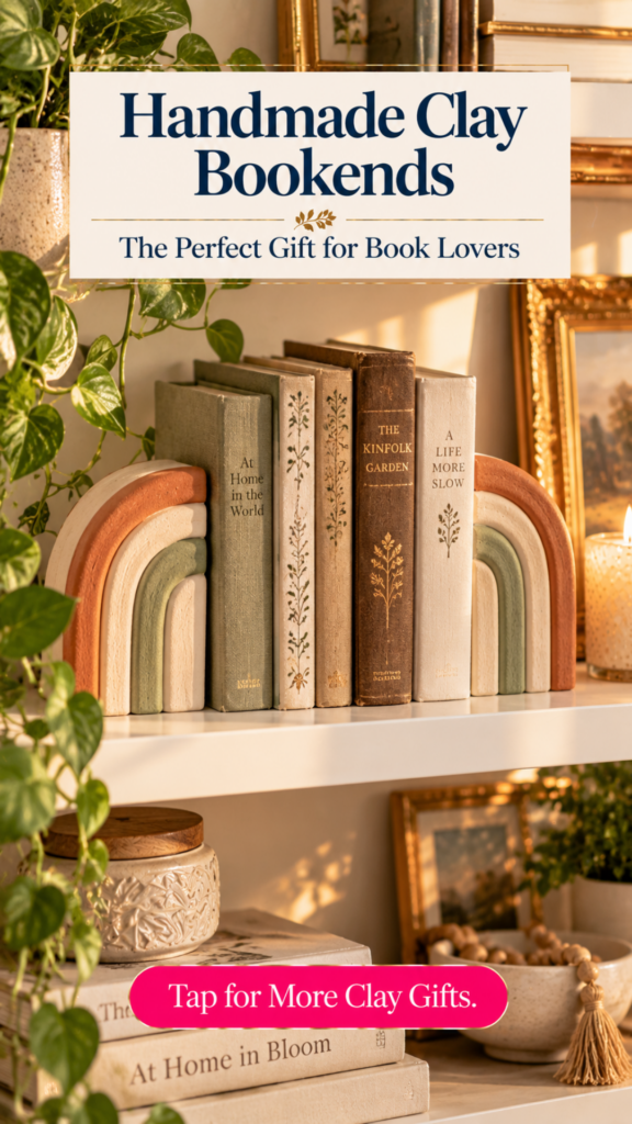 A pair of air dry clay rainbow bookends in terracotta, cream, and sage holding a row of books on a white shelf with trailing pothos, a gold-framed painting, and a candle. The text reads "Handmade Clay Bookends, The Perfect Gift for Book Lovers" and "Tap for More Clay Gifts."