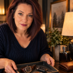 A woman with dark red hair in a navy sweater presenting a charcoal air dry clay valet tray holding a watch, car keys, and coins on a wooden dresser with cologne, a leather wallet, and a lamp. The text reads "DIY Clay Valet Tray for Him, Air Dry Clay Gifts for Your Boyfriend."