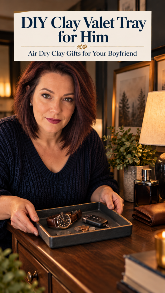 A woman with dark red hair in a navy sweater presenting a charcoal air dry clay valet tray holding a watch, car keys, and coins on a wooden dresser with cologne, a leather wallet, and a lamp. The text reads "DIY Clay Valet Tray for Him, Air Dry Clay Gifts for Your Boyfriend."