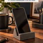 A charcoal speckled air dry clay phone stand holding a smartphone on a wooden desk beside a black coffee mug, a leather notebook, a pen, and a brass lamp. The text reads "DIY Clay Phone Stand, A Useful Handmade Gift for Him" and "Save This Gift Idea."