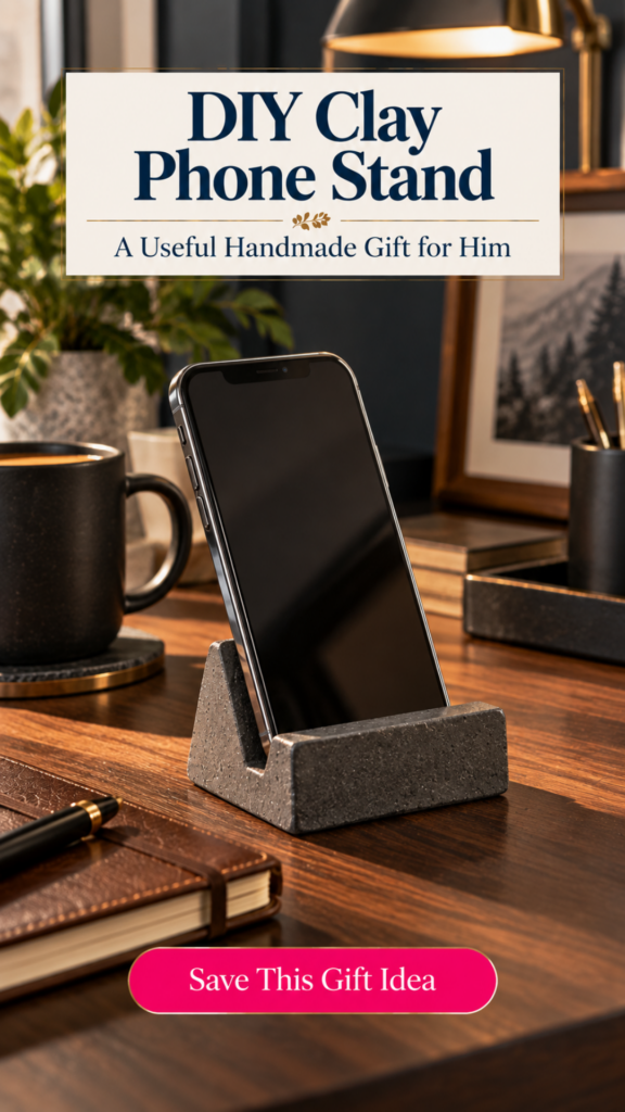 A charcoal speckled air dry clay phone stand holding a smartphone on a wooden desk beside a black coffee mug, a leather notebook, a pen, and a brass lamp. The text reads "DIY Clay Phone Stand, A Useful Handmade Gift for Him" and "Save This Gift Idea."