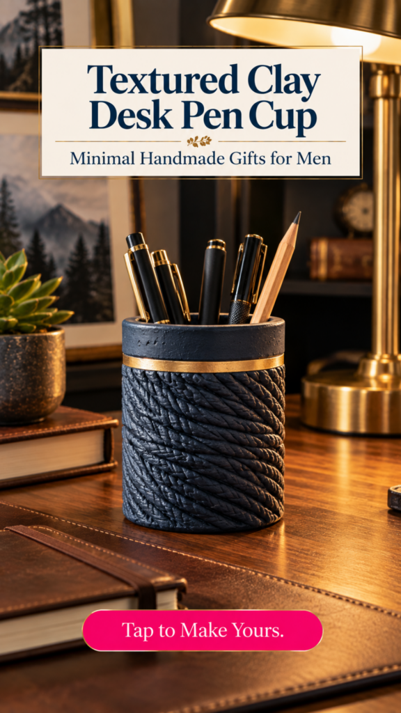A navy air dry clay pen cup with a braided rope texture and a gold band, holding black and gold pens and a pencil on a wooden desk with a brass lamp, a succulent, and leather notebooks. The text reads "Textured Clay Desk Pen Cup, Minimal Handmade Gifts for Men" and "Tap to Make Yours."