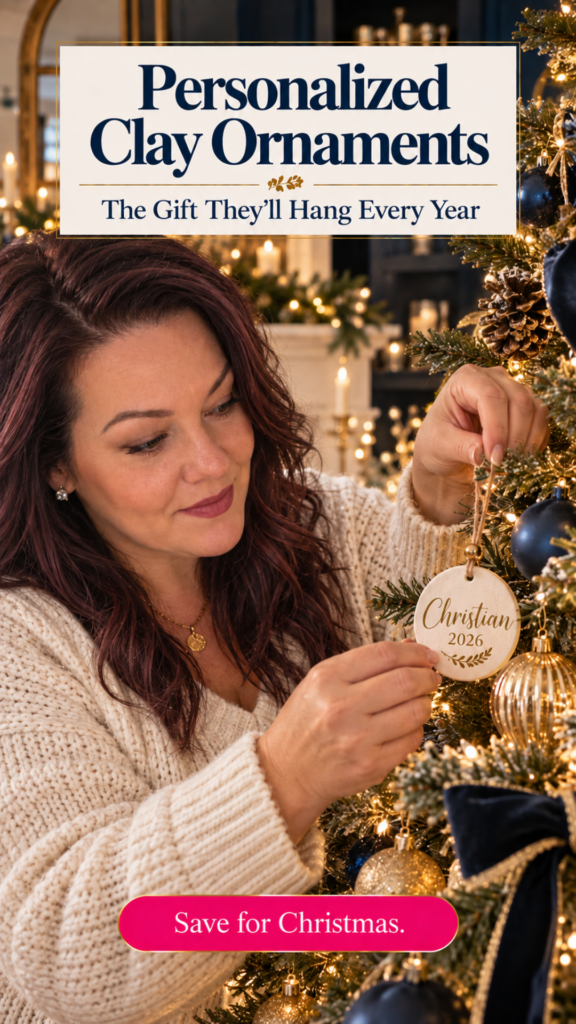A woman in a cream sweater hanging a round air dry clay ornament, personalized with a name and 2026, on a navy and gold Christmas tree. The text reads "Personalized Clay Ornaments, The Gift They'll Hang Every Year" and "Save for Christmas." Board: Air Dry Clay Christmas Ornaments