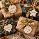 Christmas gifts wrapped in kraft and navy paper with gold ribbon and evergreen sprigs, each tied with a cream air dry clay gift tag personalized with a name in round, star, and heart shapes. The text reads "DIY Clay Gift Tags, They Double as Ornaments" and "Tap for Easy Clay Gifts."