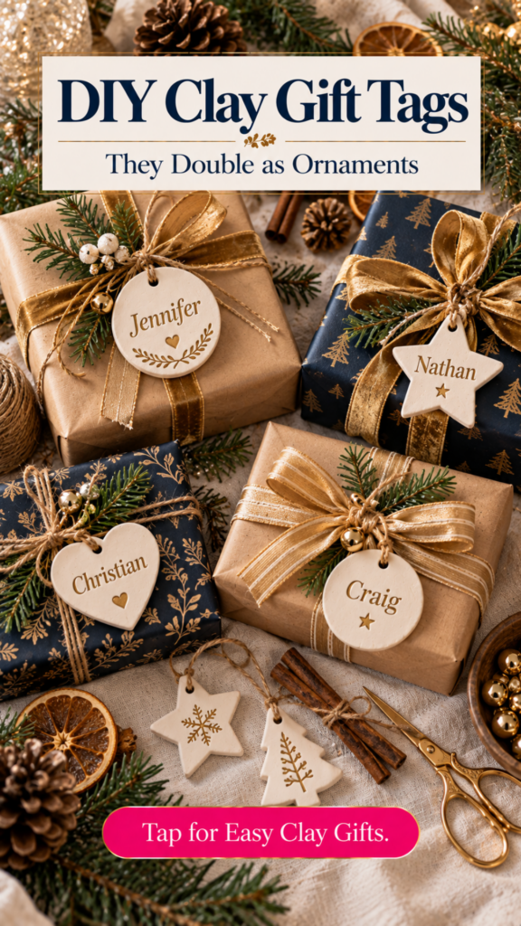 Christmas gifts wrapped in kraft and navy paper with gold ribbon and evergreen sprigs, each tied with a cream air dry clay gift tag personalized with a name in round, star, and heart shapes. The text reads "DIY Clay Gift Tags, They Double as Ornaments" and "Tap for Easy Clay Gifts."