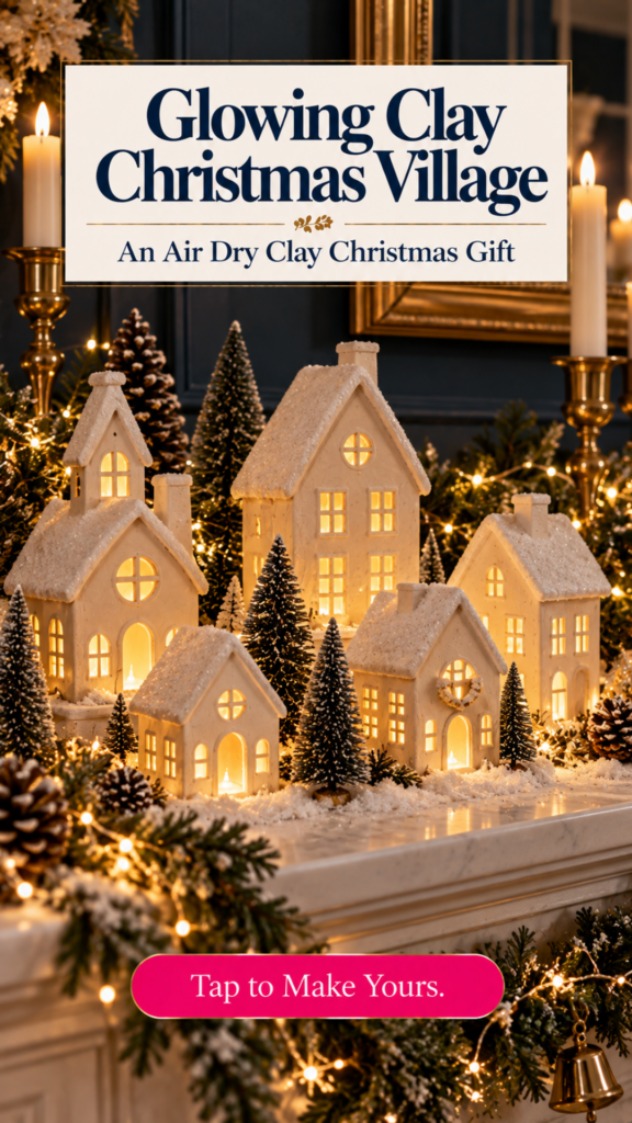 A mantel display of white air dry clay Christmas village houses glowing from inside, surrounded by bottle brush trees, pinecones, fairy lights, and brass candlesticks. The text reads "Glowing Clay Christmas Village, An Air Dry Clay Christmas Gift" and "Tap to Make Yours."