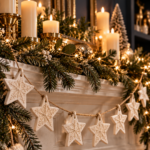 A garland of cream air dry clay stars with an embossed snowflake pattern, strung on twine across a white fireplace mantel with evergreen, fairy lights, and pillar candles. The text reads "Clay Star Garland DIY, Handmade Christmas Mantel Decor" and "Save This Christmas Idea."
