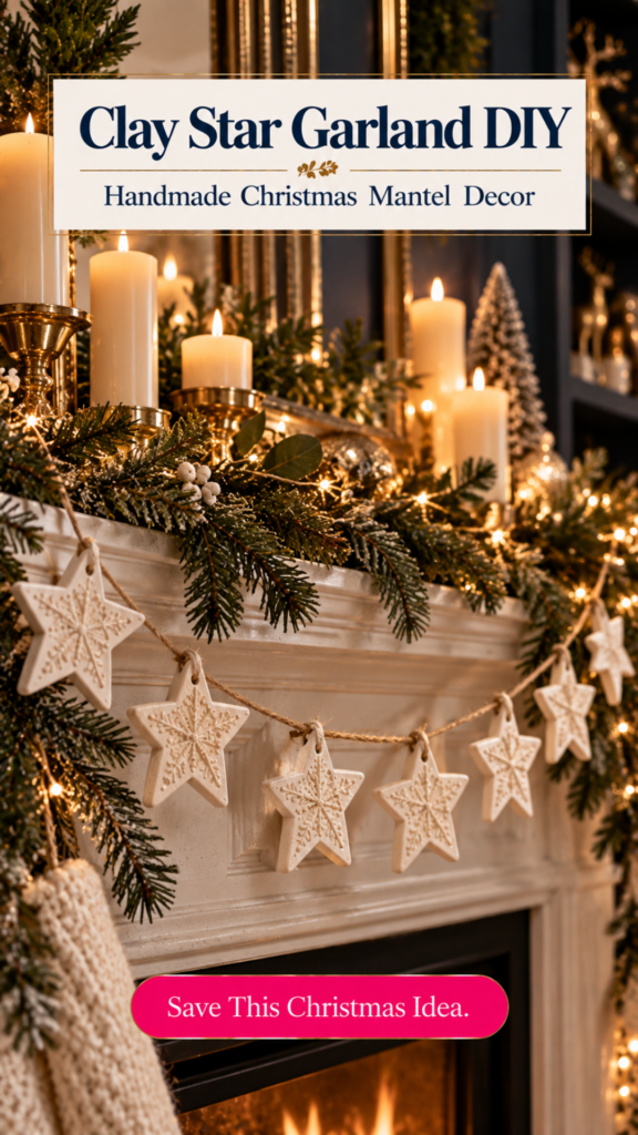 A garland of cream air dry clay stars with an embossed snowflake pattern, strung on twine across a white fireplace mantel with evergreen, fairy lights, and pillar candles. The text reads "Clay Star Garland DIY, Handmade Christmas Mantel Decor" and "Save This Christmas Idea."