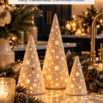 Three cone-shaped air dry clay Christmas trees with star and dot cutouts, glowing from inside on a marble counter with pinecones and candles. The text reads "Glowing Clay Christmas Trees, Easy Handmade Christmas Gifts" and "Tap for All 25 Ideas."