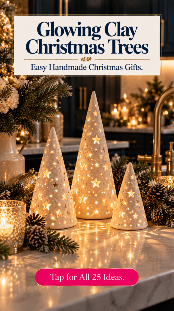 Three cone-shaped air dry clay Christmas trees with star and dot cutouts, glowing from inside on a marble counter with pinecones and candles. The text reads "Glowing Clay Christmas Trees, Easy Handmade Christmas Gifts" and "Tap for All 25 Ideas."