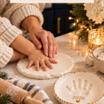 An adult's hands guiding a child's hand as it presses into a round slab of white air dry clay, beside a finished gold-rimmed handprint dish marked 2026, on a kitchen counter with Christmas greenery. The text reads "Clay Handprint Keepsake Dish, The Gift Grandma Will Treasure" and "Save for Christmas."