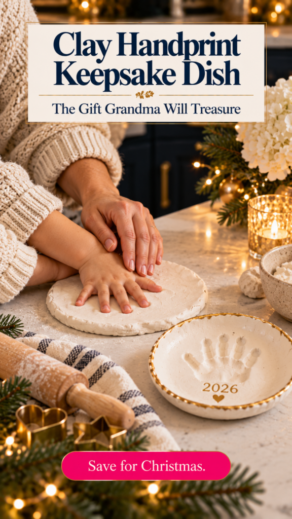 An adult's hands guiding a child's hand as it presses into a round slab of white air dry clay, beside a finished gold-rimmed handprint dish marked 2026, on a kitchen counter with Christmas greenery. The text reads "Clay Handprint Keepsake Dish, The Gift Grandma Will Treasure" and "Save for Christmas."