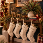 Cozy small apartment Christmas stocking display on a rustic wood console table against a dark navy accent wall. Four plush cream faux fur stockings personalized with gold script names hang from the front edge of the console, each filled with small wrapped gold gifts and evergreen sprigs. Three brass sculpted reindeer in graduated sizes stand on the console beside a cream pitcher overflowing with evergreen and red berries, a stack of cream Christmas books, a red cardinal figurine, and pinecones. Slim lit Christmas tree with red velvet bows to the left, brass floor lamp glowing, and vintage winter landscape art in gold frames above. Text overlay reads "How to Hang Stockings Without a Fireplace".