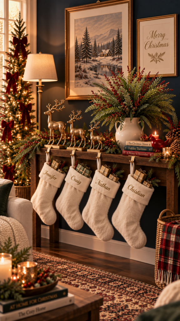 Cozy small apartment Christmas stocking display on a rustic wood console table against a dark navy accent wall. Four plush cream faux fur stockings personalized with gold script names hang from the front edge of the console, each filled with small wrapped gold gifts and evergreen sprigs. Three brass sculpted reindeer in graduated sizes stand on the console beside a cream pitcher overflowing with evergreen and red berries, a stack of cream Christmas books, a red cardinal figurine, and pinecones. Slim lit Christmas tree with red velvet bows to the left, brass floor lamp glowing, and vintage winter landscape art in gold frames above. Text overlay reads "How to Hang Stockings Without a Fireplace".
