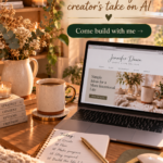 Cozy home office with laptop, coffee mug, notebook and candles in warm sunlight, with text overlay reading "Adapt or get left behind — the working creator's take on AI."