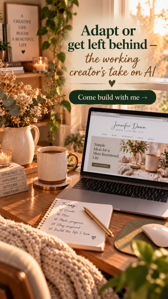 Cozy home office with laptop, coffee mug, notebook and candles in warm sunlight, with text overlay reading "Adapt or get left behind — the working creator's take on AI."