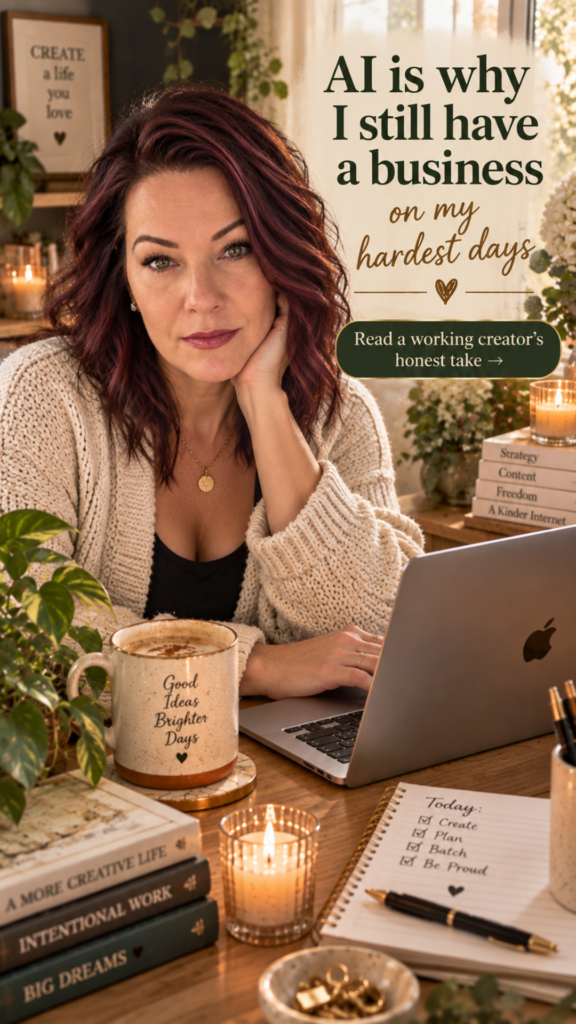 Woman with dark red hair in a cream cardigan resting her chin on her hand at a warm home office desk with laptop, coffee mug and candles, with text overlay reading "AI is why I still have a business on my hardest days."