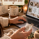 Woman's hands typing on a laptop at a warm wooden desk beside a coffee mug and a small handmade clay ornament, with text overlay reading "The knowledge is mine. AI just fills the budget gap."