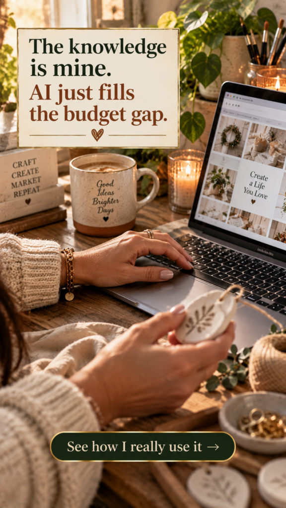 Woman's hands typing on a laptop at a warm wooden desk beside a coffee mug and a small handmade clay ornament, with text overlay reading "The knowledge is mine. AI just fills the budget gap."