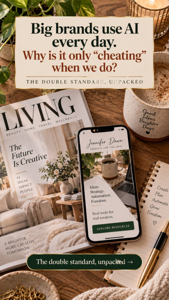 Overhead flatlay of a lifestyle magazine, a smartphone showing a blog homepage, a coffee mug and a notebook on a warm wooden desk, with text overlay reading "Big brands use AI every day — why is it only cheating when we do?"