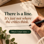 A hand drawing a clean line on a piece of cream paper with a fineliner pen on a warm wooden desk beside a coffee mug and books, with text overlay reading "There is a line. It's just not where the critics think."