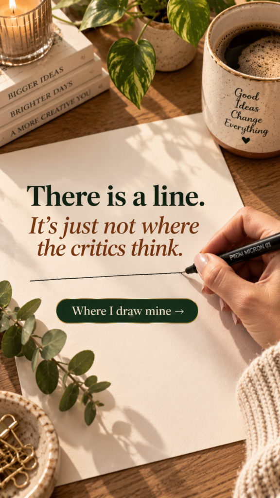 A hand drawing a clean line on a piece of cream paper with a fineliner pen on a warm wooden desk beside a coffee mug and books, with text overlay reading "There is a line. It's just not where the critics think."