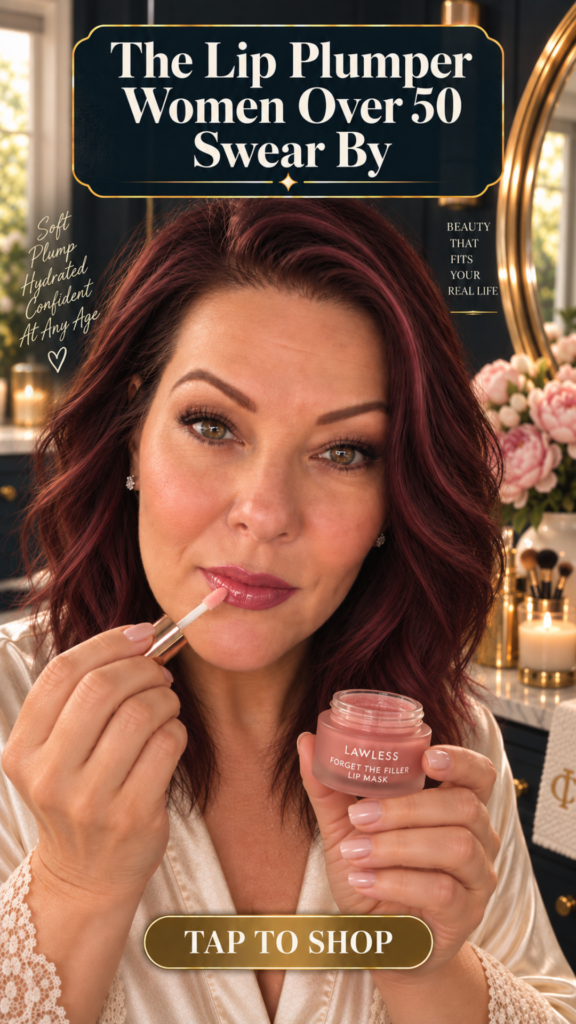 Close-up of a woman with rich burgundy hair, hazel eyes, and natural mature skin softly applying a plumping lip mask with a wand to her lower lip while holding an open pink LAWLESS Forget the Filler Lip Mask jar. She wears a cream silk robe with delicate lace trim in a luxurious dark navy vanity setting with brushed gold mirror, soft pink peonies, warm candle glow, and makeup brushes. Text overlay reads The Lip Plumper Women Over 50 Swear By.