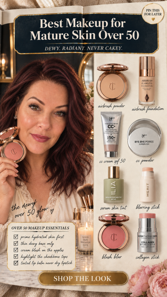 Editorial magazine collage pin for beauty over 50. Left: a woman with rich burgundy hair and natural mature skin softly touching her cheek in a warm dark navy and brushed gold vanity setting. Right: 12-product flat-lay grid of Sephora beauty finds with handwritten cursive labels — Charlotte Tilbury Magic Serum, Tatcha Serum Stick, MERIT Prime, airbrush powder, IT Cosmetics CC Cream, ILIA Skin Tint, blush blur, cheek pop, Pillow Talk, LAWLESS Forget the Filler, lip mask, and Tatcha Kissu. Text overlay reads Beauty Over 50 The Best Sephora Finds for Mature Skin.