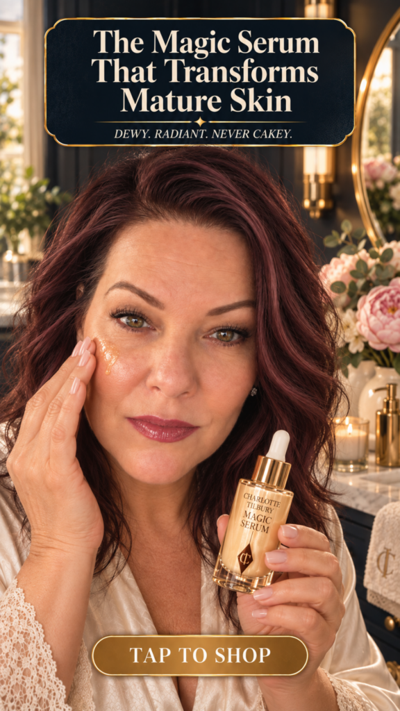 Close-up of a woman with rich burgundy hair and natural mature skin in a moment of quiet skincare ritual — eyes softly closed, dewy plumped cheek catching soft window light, patting Charlotte Tilbury Magic Serum into her cheekbone with her fingertips while holding the golden dropper bottle. Cream silk robe, luxurious dark navy vanity with brushed gold mirror, soft pink peonies, warm candle glow. Text overlay reads The Magic Serum That Transforms Mature Skin.