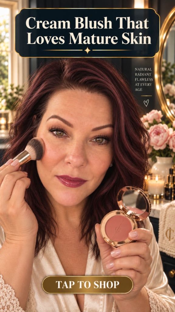 Close-up of a woman with rich burgundy hair and natural mature skin softly pressing a rounded blush brush into the apple of her cheek while holding an open rose gold Charlotte Tilbury Blush Blur compact. Soft rosy flush visible on her freshly primed cheeks, luxurious dark navy vanity setting with brushed gold mirror, soft pink peonies, warm candle glow. Text overlay reads Cream Blush That Loves Mature Skin.