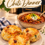 : Three golden cheddar biscuits flecked with bacon and jalapeño on a white plate beside a speckled bowl of beef and bean chili topped with shredded cheddar, sour cream, and chives, on a marble counter with a blue plaid towel, white hydrangeas, and navy cabinets with gold hardware.