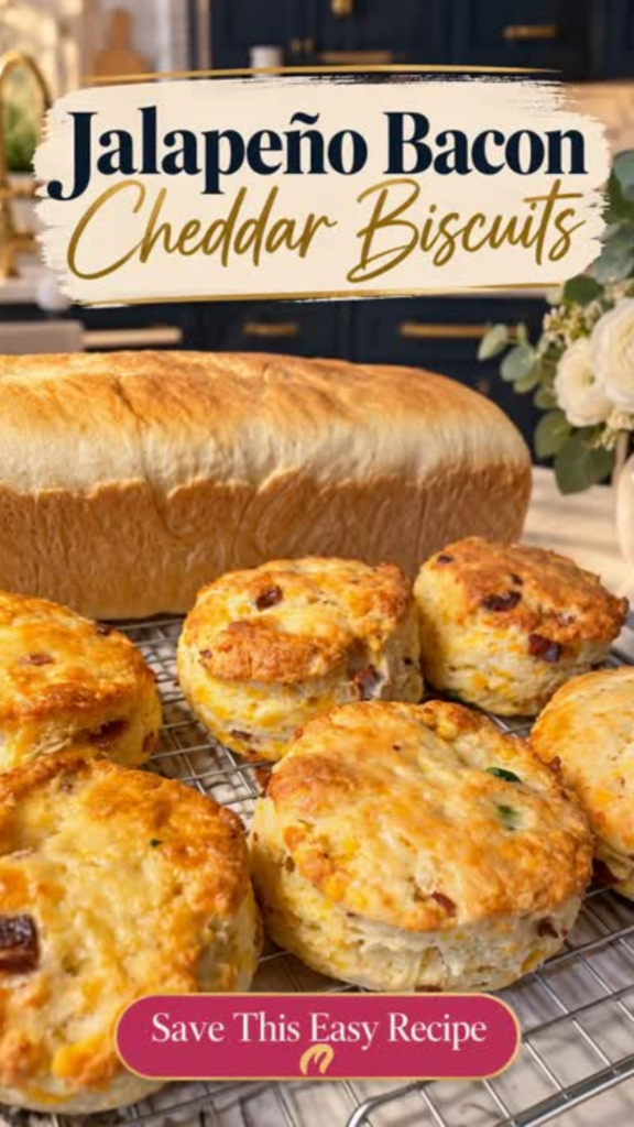 Golden jalapeño bacon cheddar biscuits cooling on a wire rack in front of a homemade loaf of bread, with visible bacon pieces and green jalapeño, a white ranunculus arrangement, and a navy kitchen with a gold faucet behind