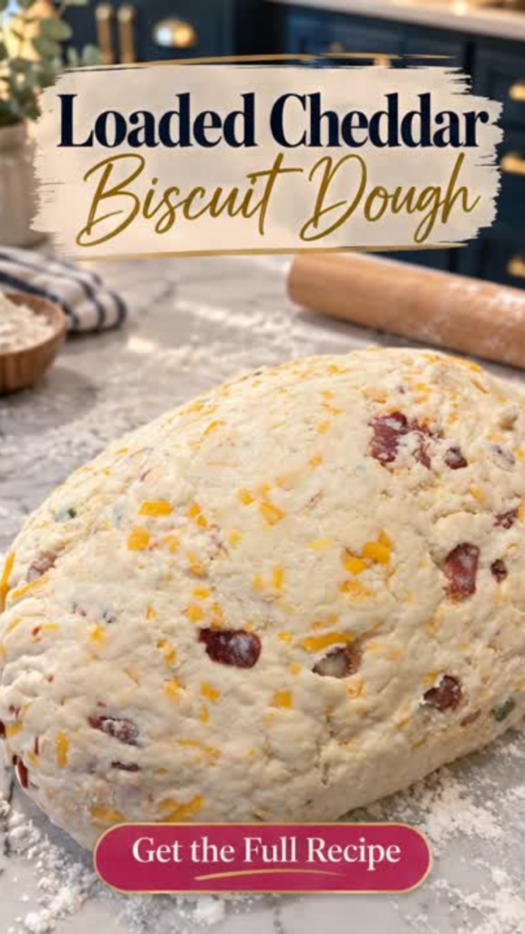 A large mound of soft biscuit dough studded with shredded cheddar, bacon, and jalapeño on a floured marble counter, with a wooden rolling pin, a bowl of flour, and a striped towel nearby.