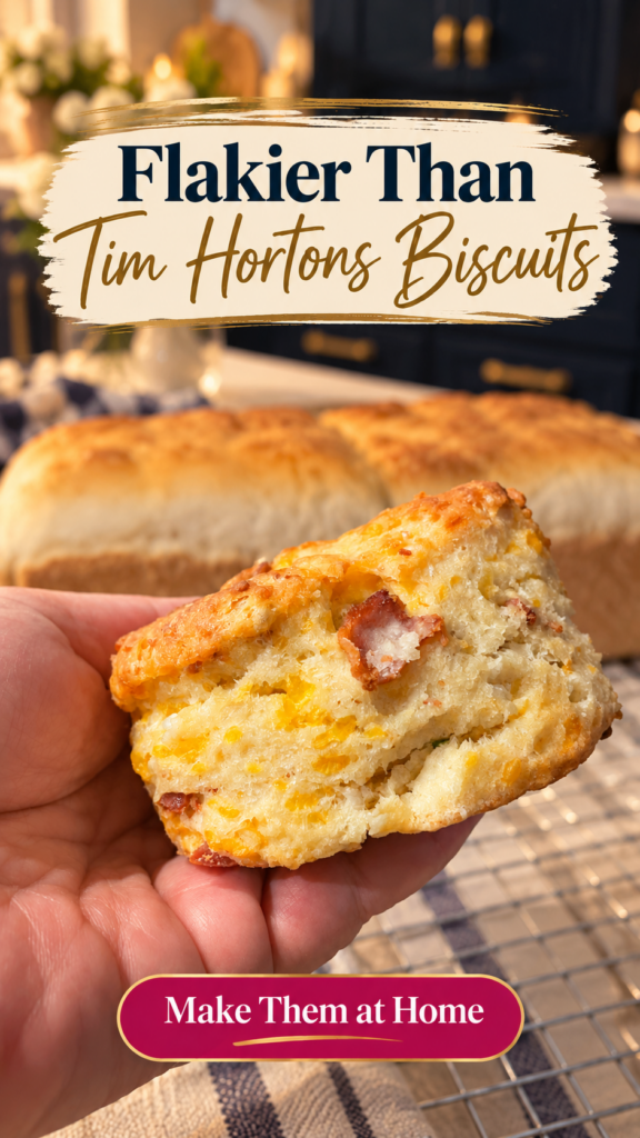 A hand holding a split homemade cheddar tea biscuit showing flaky layers, melted cheddar, and a piece of bacon, with loaves of homemade bread and a wire cooling rack blurred in a navy and gold kitchen behind.