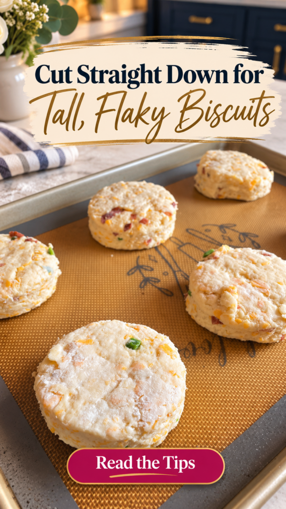 Five unbaked round cheddar biscuits speckled with bacon and jalapeño on a gold silicone baking mat in a sheet pan, freshly cut with straight sides, with a striped kitchen towel and flowers on a marble counter behind.